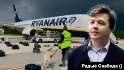 Раман Пратасевіч і самалёт RyanAir, які рэжым Лукашэнкі падманам пасадзіў у Менску ў траўні 2021 году. Каляж