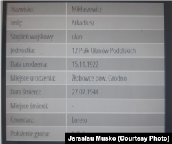 Запіс пра Аркадзя Міклашэвіча на сайце могілак