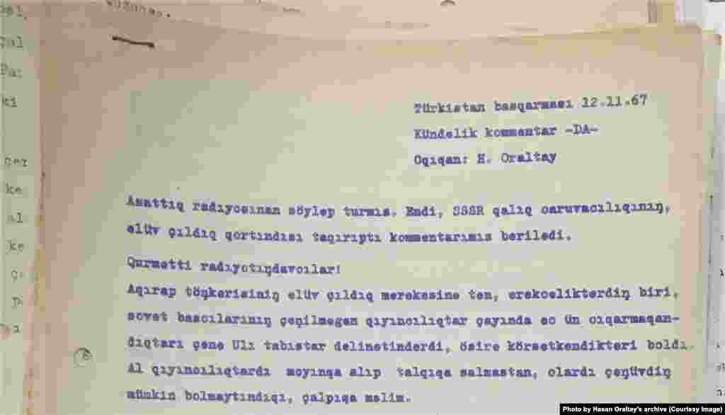 1967 жылы Хасен Оралтайдың Азаттық радиосына әзірлеген алғашқы хабарларының бірі